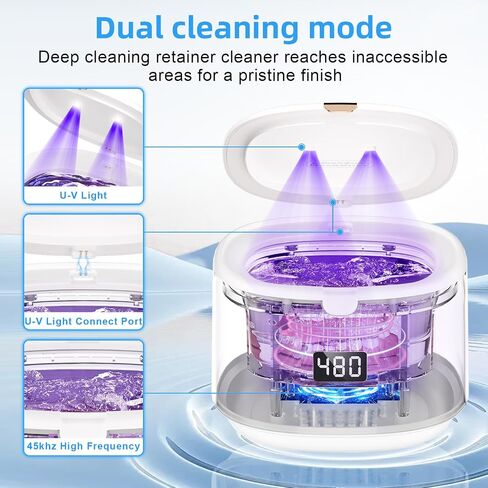 Ultrasonic Retainer Cleaner, Sonic Dental Cleaning Pod, Portable 30W/45kHz Machine for Dentures, Aligners, Braces, Mouth Guards, Jewelry, for All Dental Appliances (White) in Kuwait