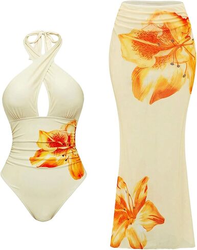 WDIRARA Women's Floral 2 Piece Swimsuit Cut Out Halter One Piece with Maxi Cover Up Skirt Bathing Suits in Kuwait
