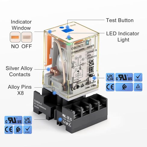 Baomain MK2P-I/JTX-2C Type Electromagnetic Power Relay with Socket and DIN Rail,24V DC Coil,8-Pin DPDT 2NO 2NC 10A,LED Indicator,Test Button,UL Certification, RUB2C2024LT-24VDC in Kuwait