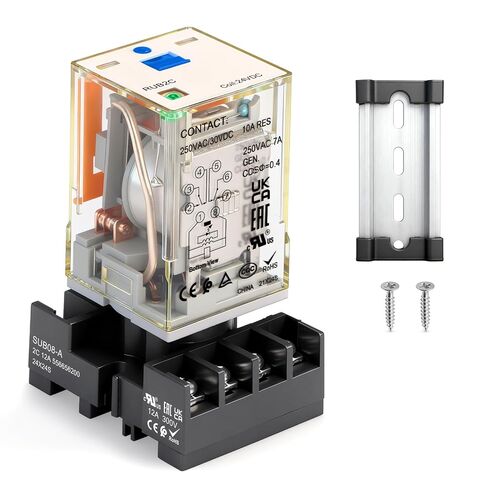 Baomain MK2P-I/JTX-2C Type Electromagnetic Power Relay with Socket and DIN Rail,24V DC Coil,8-Pin DPDT 2NO 2NC 10A,LED Indicator,Test Button,UL Certification, RUB2C2024LT-24VDC in Kuwait