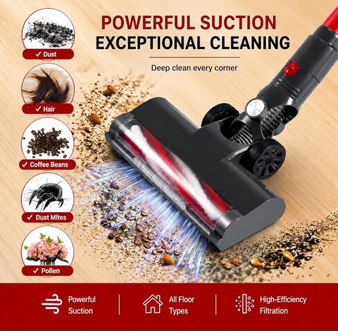 Cordless Vacuum Cleaner, 1L 16Kpa 49Mins Vacuum Cleaners for Home, 4 in 1 Lightweight Powerful Stick Vacuum, with LED Display, for Hardwood Floor Carpet Car Pet - Black/Red in Kuwait