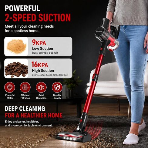 Cordless Vacuum Cleaner, 1L 16Kpa 49Mins Vacuum Cleaners for Home, 4 in 1 Lightweight Powerful Stick Vacuum, with LED Display, for Hardwood Floor Carpet Car Pet - Black/Red in Kuwait