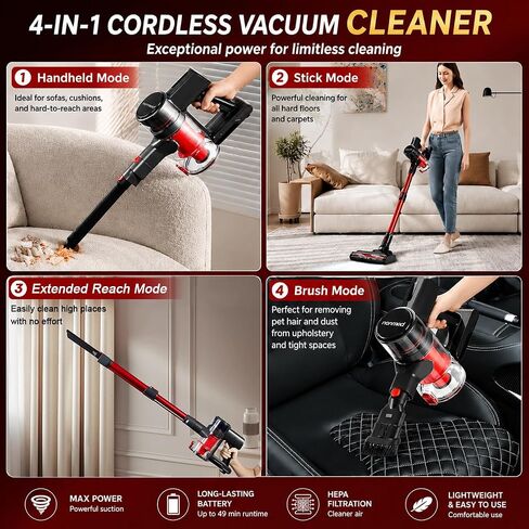 Cordless Vacuum Cleaner, 1L 16Kpa 49Mins Vacuum Cleaners for Home, 4 in 1 Lightweight Powerful Stick Vacuum, with LED Display, for Hardwood Floor Carpet Car Pet - Black/Red in Kuwait