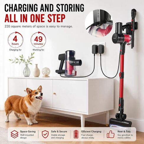 Cordless Vacuum Cleaner, 1L 16Kpa 49Mins Vacuum Cleaners for Home, 4 in 1 Lightweight Powerful Stick Vacuum, with LED Display, for Hardwood Floor Carpet Car Pet - Black/Red in Kuwait