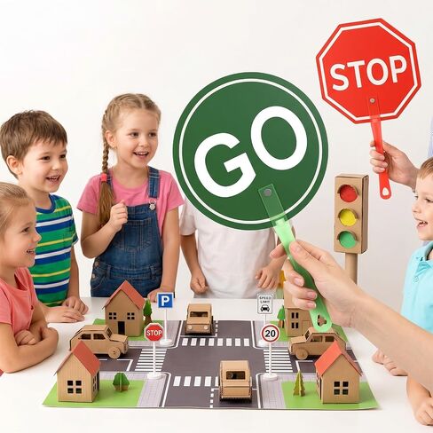 Stop Sign with Handle, Double-Sided Stop and Go Sign, Street Slow Warning Reflective Signs, Red & Green Light Signs for Kids in Kuwait