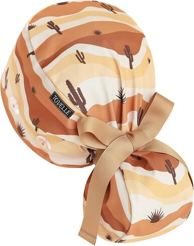 Scrub Caps Women Ponytail – Desert Cactus Double-Sided Printed Surgical Hat with Buttons and Sweatband, Soft Nurse Cap for Long Hair, Helps Reduce Static Buildup in Kuwait