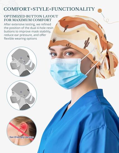 Scrub Caps Women Ponytail – Desert Cactus Double-Sided Printed Surgical Hat with Buttons and Sweatband, Soft Nurse Cap for Long Hair, Helps Reduce Static Buildup in Kuwait