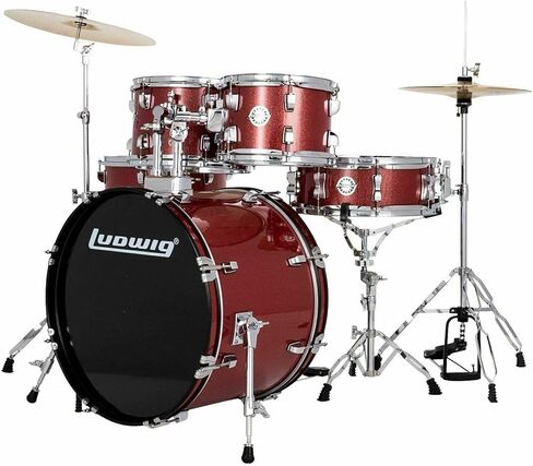 مجموعة طبول Ludwig Accent Drive مكونة من 5 قطع، أحمر لامع - تشتمل على: الأجهزة والعرش والدواسة والصنج والعصي ورؤوس الطبول in Kuwait