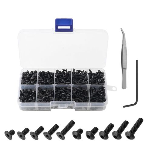 720pcs M3-0.5 x 4/6 / 8/10 / 12 mm Hex Socket Button & Flat Head Bolts Nut and Washers Assortment Kit for DIY / 3D Printer/Electronics with Hex Wrench, Tweezers, Black Zinc Plated in Kuwait