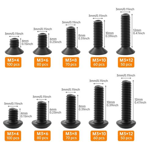 720pcs M3-0.5 x 4/6 / 8/10 / 12 mm Hex Socket Button & Flat Head Bolts Nut and Washers Assortment Kit for DIY / 3D Printer/Electronics with Hex Wrench, Tweezers, Black Zinc Plated in Kuwait