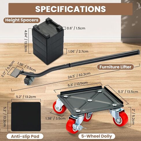 Furniture Dolly 5 Wheels Set with 360° Rotatable & Lockable Wheels, Heavy-Duty Furniture Movers with Silent Rubber Wheels, Furniture Sliders, Furniture Lifter Tool for Easy Moving in Kuwait