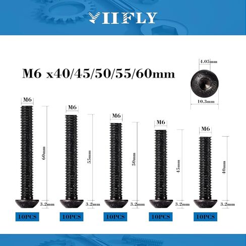 براغي براغي بغطاء مقبس رأس M6-1.0 - طقم طول 40/45/50/55/60 مم، سبائك فولاذية بدرجة 10.9، محرك ألين، لمسة نهائية من أكسيد أسود، خيط كامل، مجموعة مكونة من 50 قطعة in Kuwait
