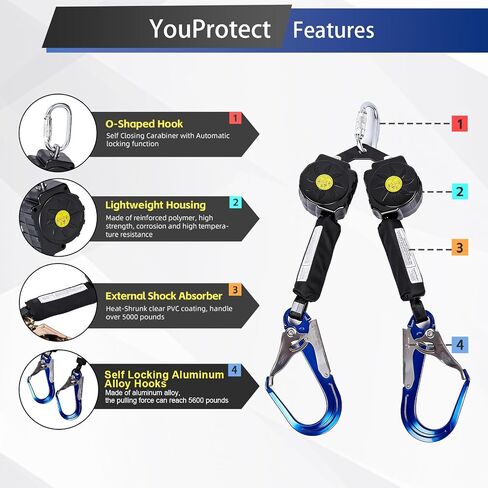 Fall Protection Retractable Lanyard - 6FT Dual Leg SRL Self Retracting Lifeline for Roofing and Construction, Dual Aluminum Hooks, Shock Absorber | OSHA & ANSI Compliant SRL in Kuwait
