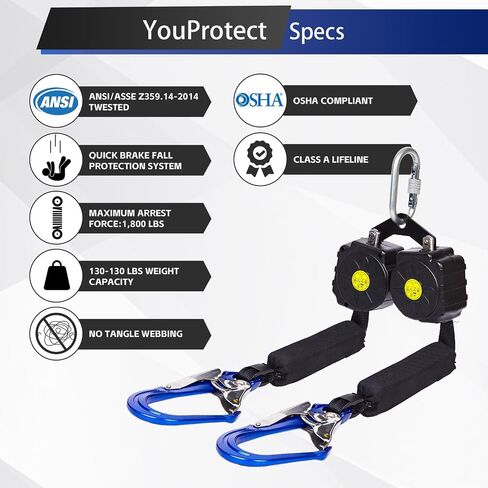 Fall Protection Retractable Lanyard - 6FT Dual Leg SRL Self Retracting Lifeline for Roofing and Construction, Dual Aluminum Hooks, Shock Absorber | OSHA & ANSI Compliant SRL in Kuwait