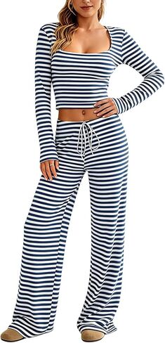 Womens Striped 2 Piece Cute Lounge Set Y2K Square Neck Long Sleeve Slim Fit Sweat Sets Crop Top Wide Leg Pajamas Set in Kuwait