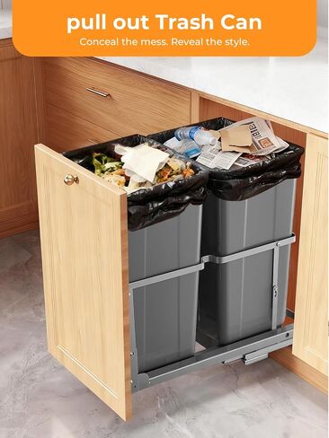 FOHERE Pull Out Trash Can Under Cabinet, 35 QT x2 Under Sink Trash Can Waste Container with Soft-Close Slides, Heavy Duty Garbage Recycling Bin for Kitchen Cabinet, Sink in Kuwait