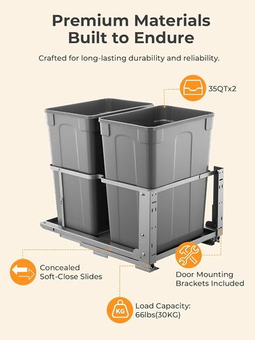 FOHERE Pull Out Trash Can Under Cabinet, 35 QT x2 Under Sink Trash Can Waste Container with Soft-Close Slides, Heavy Duty Garbage Recycling Bin for Kitchen Cabinet, Sink in Kuwait