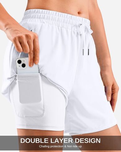 G Gradual 2 in 1 Running Shorts for Women 3" High Waisted Athletic Gym Tennis Workout Shorts with Liner 2 Zipper Pockets(White,L3_L) in Kuwait