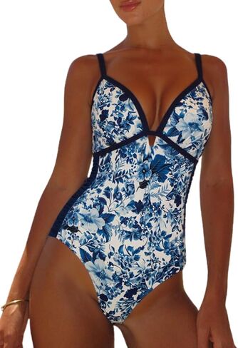 FLAXMAKER Women's Adjustable-Strap Blossom Print Bathing Suits V-Neck One Piece Swimsuit and Skirt in Kuwait