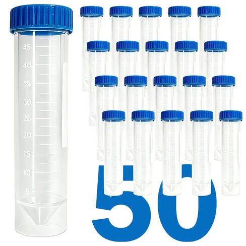 أنابيب طرد مركزي سعة 50 مل مع غطاء لولبي، 50 عبوة من أنابيب اختبار بلاستيكية قائمة بذاتها، أنبوب مخروطي من مادة البولي بروبيلين مع غطاء، علامات متدرجة in Kuwait