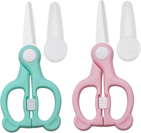 Baby Food Scissors with Travel Case, 2 Pack Ceramic Food Scissors Kids, Toddler Scissors with Safety Lock, Ideal for Pizza, Meats, Noodles, Vegetables, and Fruits(Pink and Green) in Kuwait