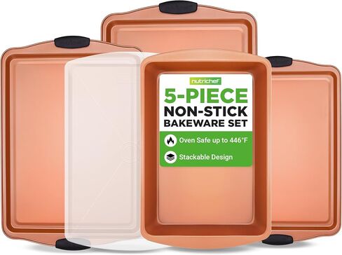 NutriChef 3 Piece Cookie Sheets for Baking - PFOA, PFOS, PTFE Free Nonstick Carbon Steel Bakeware Set - Home Kitchen Bake Pan Cookie Sheet Stackable Baking Sheet w/Black Silicone Handles NCSBS3S45 in Kuwait