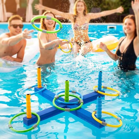 Leitee Pool Ring Toss Game for Adults, Floating Foam Water Toss Toy Set with 5 Poles, 2 Bases and 6 Rings, Swimming Pool Game for Outdoor, Backyard, Summer and Family Party Favor in Kuwait