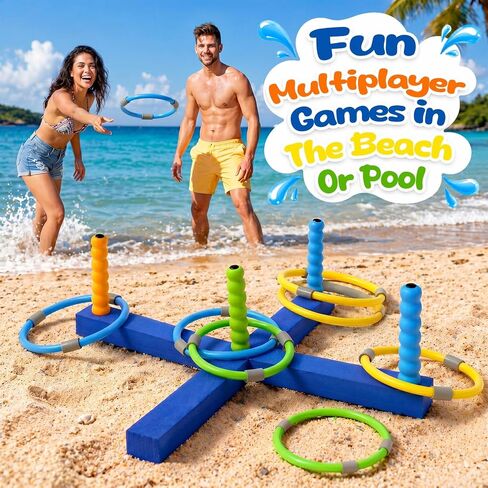 Leitee Pool Ring Toss Game for Adults, Floating Foam Water Toss Toy Set with 5 Poles, 2 Bases and 6 Rings, Swimming Pool Game for Outdoor, Backyard, Summer and Family Party Favor in Kuwait