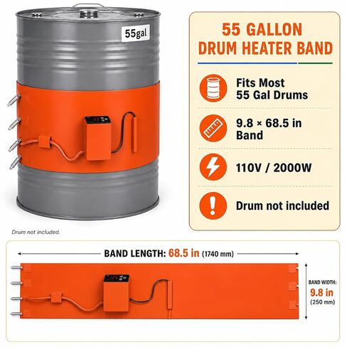 55Gallon Drum Heater,2000W Silicone Bucket Heater, Adjustable Temperature 73-392℉ Insulated Band Heater with Thermostat, Fit for 55 Gal Metal & Plastic Drums, Oil Honey Water Heating (9.8×68.5 Inch) in Kuwait