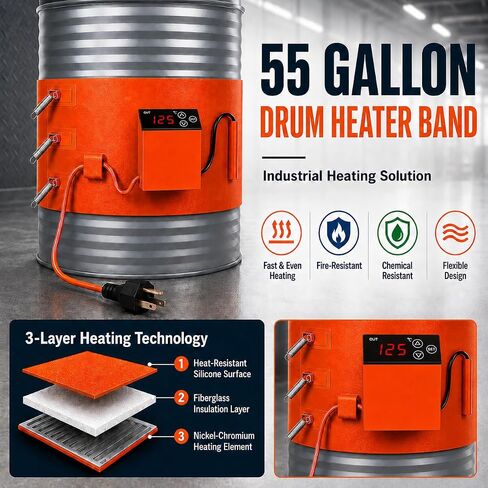 55Gallon Drum Heater,2000W Silicone Bucket Heater, Adjustable Temperature 73-392℉ Insulated Band Heater with Thermostat, Fit for 55 Gal Metal & Plastic Drums, Oil Honey Water Heating (9.8×68.5 Inch) in Kuwait