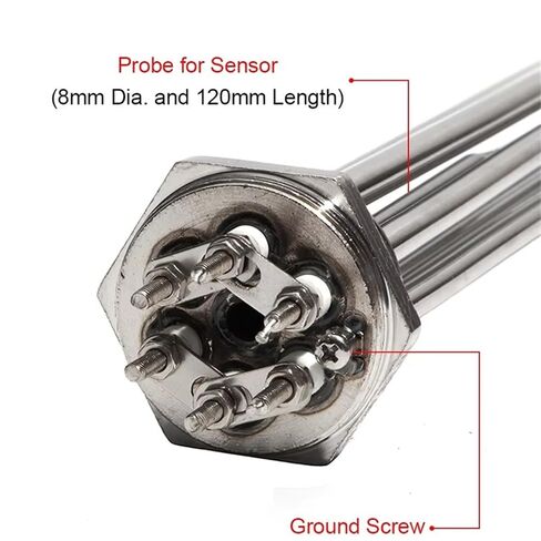 1 1/2Inch DN40 Water Heating Element with Accessory 3KW/4.5KW/6KW/9KW/12KW Electric Pipe Withs Ground Screw and Probe 1Pcs(White,380V_9KW 290MM 304SUS) in Kuwait