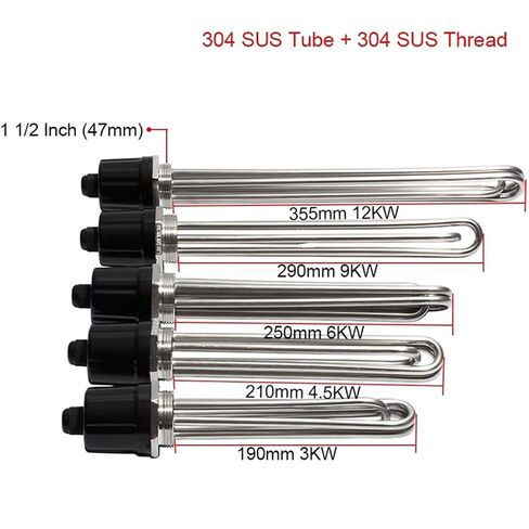 1 1/2Inch DN40 Water Heating Element with Accessory 3KW/4.5KW/6KW/9KW/12KW Electric Pipe Withs Ground Screw and Probe 1Pcs(White,380V_9KW 290MM 304SUS) in Kuwait