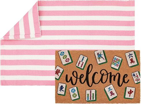 Maasechs 2 Pcs Hello Doormat 24'' x 35'' Black White Stripes Rug Outdoor and 24'' x 16'' Hello Coir Doormat Welcome Mat Non Slip Floor Mat for Outside Entrance Front Porch in Saudi Arabia