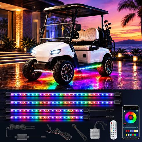 Roykaw Golf Cart LED Strip Lights، مجموعة إضاءة نيون Underglow متوافقة مع EZGO/Club Car/Yamaha ومعظم عربات الجولف ذات العلامات التجارية، مصابيح زخرفية مقاومة للماء/LED/أوضاع ديناميكية متعددة، 4 قطع in Kuwait