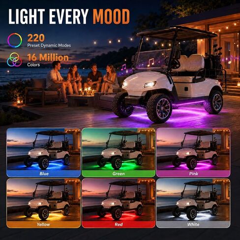 Roykaw Golf Cart LED Strip Lights، مجموعة إضاءة نيون Underglow متوافقة مع EZGO/Club Car/Yamaha ومعظم عربات الجولف ذات العلامات التجارية، مصابيح زخرفية مقاومة للماء/LED/أوضاع ديناميكية متعددة، 4 قطع in Kuwait