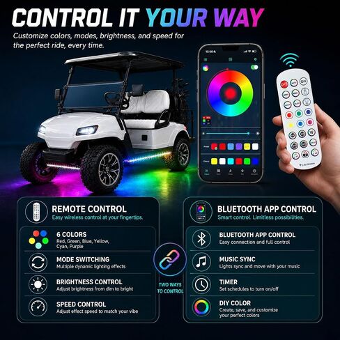 Roykaw Golf Cart LED Strip Lights، مجموعة إضاءة نيون Underglow متوافقة مع EZGO/Club Car/Yamaha ومعظم عربات الجولف ذات العلامات التجارية، مصابيح زخرفية مقاومة للماء/LED/أوضاع ديناميكية متعددة، 4 قطع in Kuwait