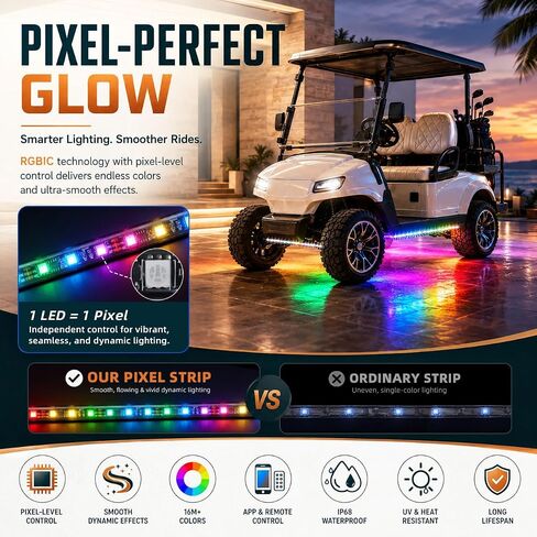 Roykaw Golf Cart LED Strip Lights، مجموعة إضاءة نيون Underglow متوافقة مع EZGO/Club Car/Yamaha ومعظم عربات الجولف ذات العلامات التجارية، مصابيح زخرفية مقاومة للماء/LED/أوضاع ديناميكية متعددة، 4 قطع in Kuwait