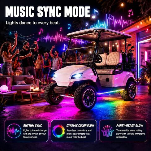 Roykaw Golf Cart LED Strip Lights، مجموعة إضاءة نيون Underglow متوافقة مع EZGO/Club Car/Yamaha ومعظم عربات الجولف ذات العلامات التجارية، مصابيح زخرفية مقاومة للماء/LED/أوضاع ديناميكية متعددة، 4 قطع in Kuwait