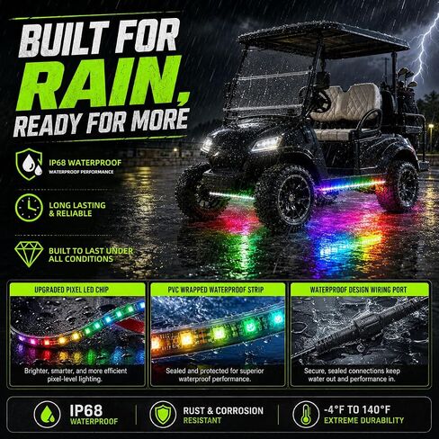 Roykaw Golf Cart LED Strip Lights، مجموعة إضاءة نيون Underglow متوافقة مع EZGO/Club Car/Yamaha ومعظم عربات الجولف ذات العلامات التجارية، مصابيح زخرفية مقاومة للماء/LED/أوضاع ديناميكية متعددة، 4 قطع in Kuwait
