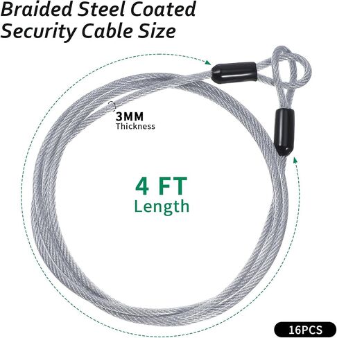 16 Pack Security Cable with Loops, 4ft 3mm Braided Steel Locking Cable, Lock Cables with Loops, Vinyl Coated Double Loop Anti-Theft Wire for Padlock, U-Lock, Luggage, Bicycle, Equipment in Kuwait