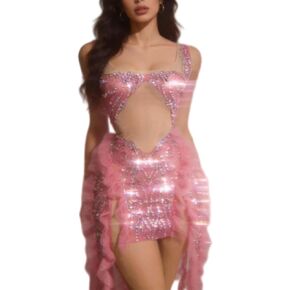 Women's Pink Sheer Mesh Ruffle Party Dress Rhinestone Bodycon Mini Dress with Long Tulle Flounces for Latin Dance & Stage in Kuwait