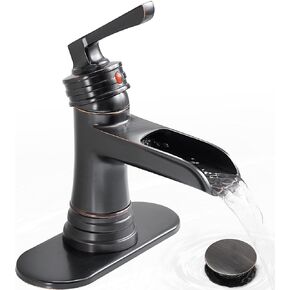 Matte Black Bathroom Faucet 1 Hole, Brass Waterfall Bathroom Faucets 3 Hole 4 Inch Single Handle with Pop-up Drain, Deck Plate, Pre-Installed cUPC Hose for Lavatory, Farmhouse, 5 Mins Install in Kuwait