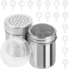 2 Pack Powder Sugar Shaker Duster & Seasoning Shaker - Fine & Large Mesh Powder Shaker for Baking Soda, Cinnamon, Salt, Sugar, Msg - Includes 16 Coffee Stencils in Kuwait