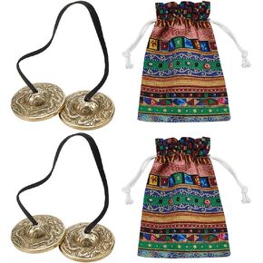 WEBEEDY 2 Pcs 6.5cm Tibetan Tingsha Cymbals Gold Dragon Embossed Meditation Chime Bells with Tibetan Drawstring Cloth Bags Yoga Finger Meditation Chime Handcrafted Spiritual Accessories Tools in Kuwait