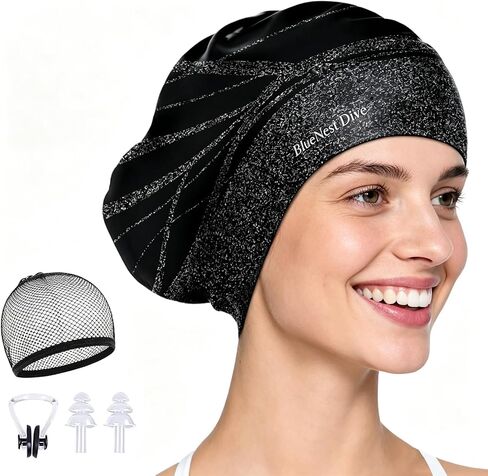 Large Swim Cap Designed specifically for Women and Men with Thick, Long, or Curly Hair. Waterproof Ear Flaps Keep Hair Dry(Black) in Kuwait