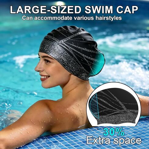 Large Swim Cap Designed specifically for Women and Men with Thick, Long, or Curly Hair. Waterproof Ear Flaps Keep Hair Dry(Black) in Kuwait