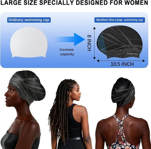 Large Swim Cap Designed specifically for Women and Men with Thick, Long, or Curly Hair. Waterproof Ear Flaps Keep Hair Dry(Black) in Kuwait