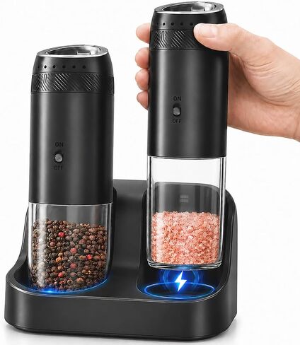 Gravity Electric Salt and Pepper Grinder Set, Rechargeable Automatic Mills with Charging Base, 6-Level Adjustable Coarseness, LED Light, Matte Black, 2-Pack in Kuwait