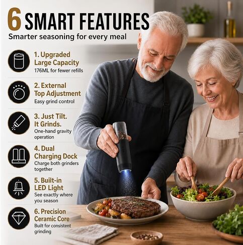 Gravity Electric Salt and Pepper Grinder Set, Rechargeable Automatic Mills with Charging Base, 6-Level Adjustable Coarseness, LED Light, Matte Black, 2-Pack in Kuwait