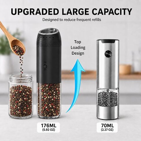 Gravity Electric Salt and Pepper Grinder Set, Rechargeable Automatic Mills with Charging Base, 6-Level Adjustable Coarseness, LED Light, Matte Black, 2-Pack in Kuwait
